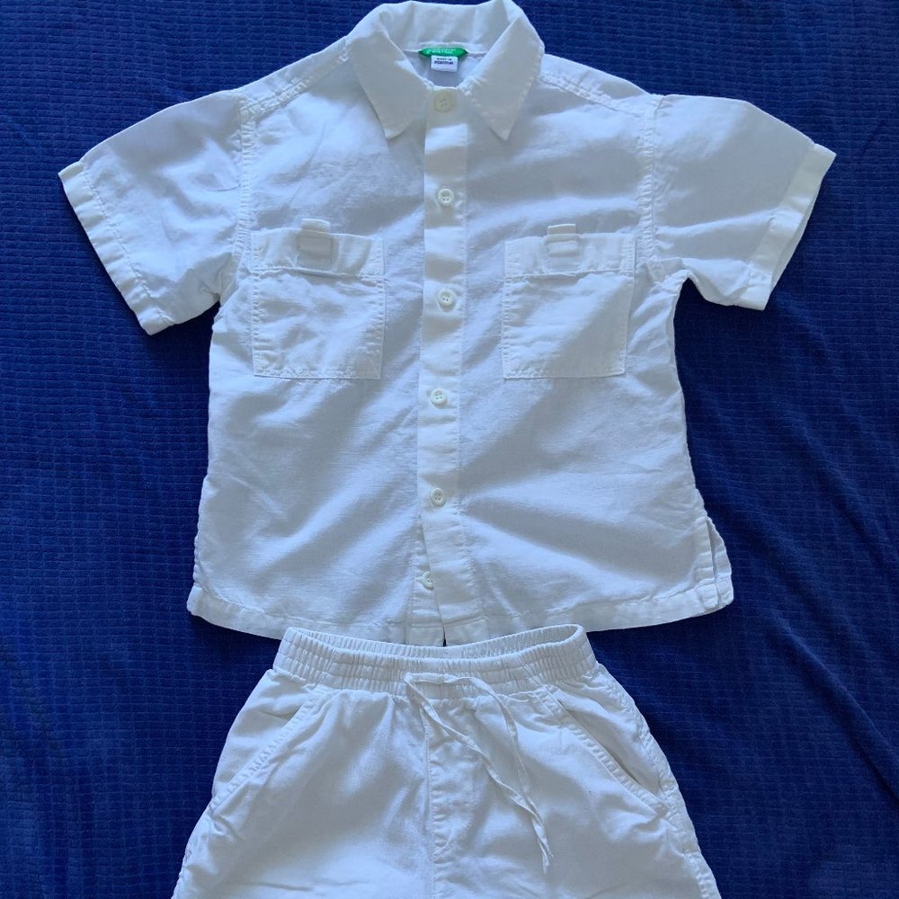 Benetton set boy white linen shorts/shirt 2-3yr + bonus Benetton t-shirt!